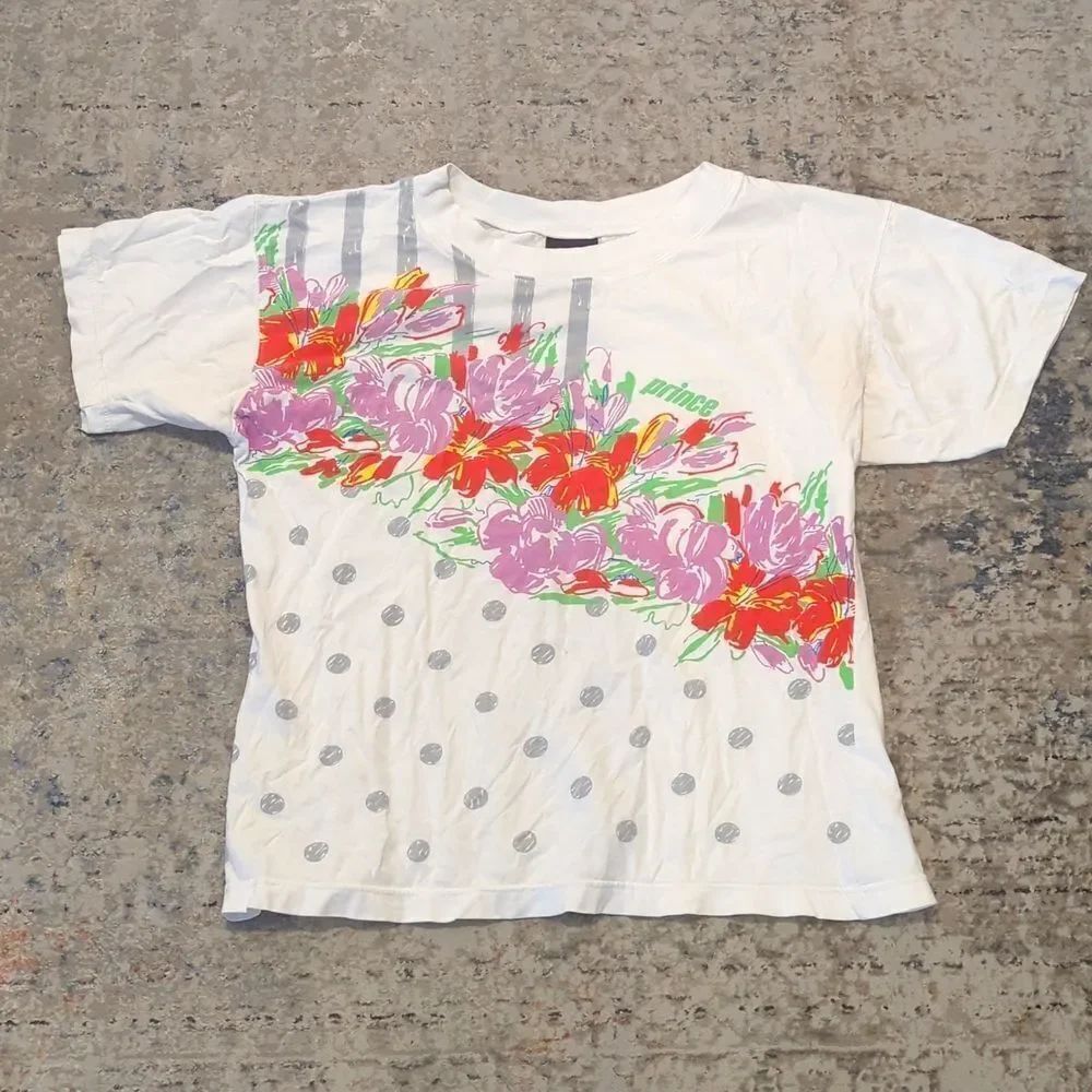 PRINCE tennis vintage t-shirt tee shirt white floral andβpolka
